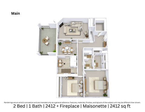 Floor plan for 2 beds, 1 bath, 2412 sqft